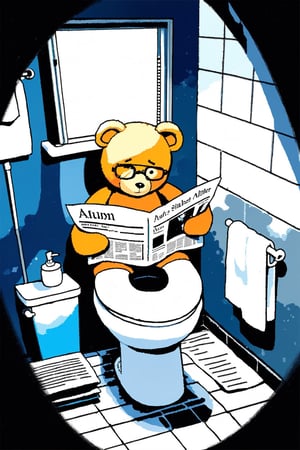 darkness, Dirty,
teddy bear,　black rim glasses, read the newspaper, sit on the toilet