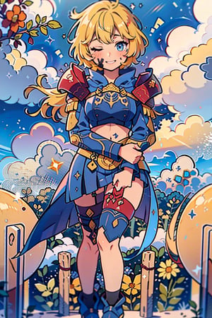High detailed,masterpiece, beautiful, (whole body)Detailedface,1 girl,solo,amelia from fire emblem,pachameme(eyes closed,charismatic,closed mouth,yellow hair,loose hair, short hair,muscular, whole red armor) cloudy meadow, detailed background