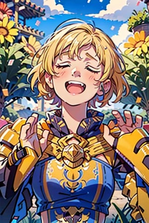 High detailed,masterpiece, beautiful, (medium long short)Detailedface,1 boy,solo,amelia from fire emblem,pachameme(eyes closed,charismatic,yellow hair,loose hair, short hair,muscular, orange armor) cloudy meadow, detailed background 