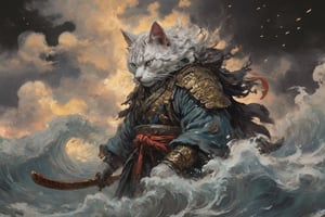 Japanese style,samurai, white cat, wave, top quality, mystery, oil painting, crazy details, complex composition, strong colors, science fiction, transparency, dynamic lighting
Ink style, grayscale, pastels, mysterious atmosphere, delicate brushstrokes, frontal composition, wind and clouds,
Dynamic shots of flowing ink: Photorealistic masterpieces in 8k resolution: Aaron Hawkey and Jeremy Mann: Intricate fluid gouaches: Jean Bart tiste monger: Calligraphy: Cene: Colorful watercolor art, professional photography, volumetric light maximization photography: by marton bobzert: complexity, refinement, elegance, vastness, fantasy, dark composites, octane rendering, DonMASKTexXL, painted world in 8k resolution concept art

, Fantasy Art, Oil Painting, Kabuki, Impressionist Painting