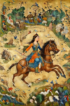 Persian miniature of the royal hunt, illuminated manuscript, (masterpiece, top quality, best quality, official art, beautiful and aesthetic:1.2), (1girl:1.4), on parchment