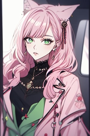 a lady with  pink color hair and green eyes with poker face with vivian westwood outfit ,1 girl,  ,,vivian westwoodclothes