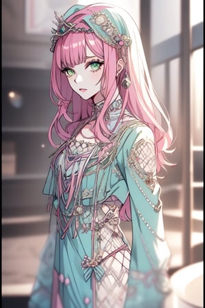a lady with  pink color hair and green eyes with poker face with vivian westwood outfit ,1 girl,  ,,greek clothes