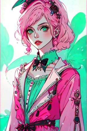 a lady with  pink color hair and green eyes with poker face with vivian westwood outfit ,1 girl,  ,,greek clothes,Worldwide trending artwork