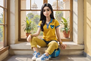 1girl, solo, long hair, shirt, black hair, jewelry, sitting, full body, short sleeves, shoes, pants, indoors, bracelet, window, v, white footwear, denim, t-shirt, sneakers, yellow shirt, jeans, double v, indian style, print shirt