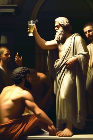 Socrates drink hemlock water with a huge crowd place