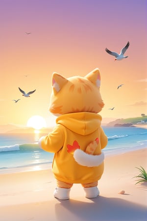 kids cartoon yellow kitten 45-degree back-facing lens . putting its hands to the back. wearing a hoodie, AiArtV, Flat Illustration, Vector Illustration. wide background. a beach side. sunset. back. facing to the ocean. watching to the opposite site. birds around.