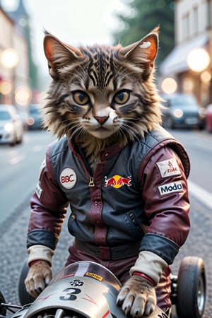 cinematic film still ((BBC Style)) picture of an kitten mobster in (wildlife) , dressed as formula 1 race car driver wearing redbull outfit, shallow depth of field, vignette, highly detailed, high budget, bokeh, cinemascope, moody, epic, gorgeous, film grain, grainy, high quality photography, 3 point lighting, flash with softbox, 4k, Canon EOS R3, hdr, smooth, sharp focus, high resolution, award winning photo, 35mm, wide angle shot, full_length, f2.8, bokeh, in the style of Garry Winogrand – Street Photography