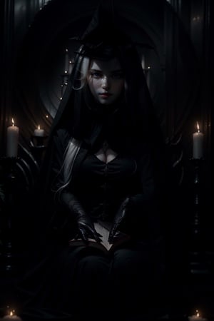 Gothic witch, 1 white-haired female, white skin, wearing a black veil, black gauze face mask, red eyes, black gloves, long fingers, sitting at the table, looking at a thick book, body Wearing a black robe, in a study full of magic books, darkness, magic, truth,girl