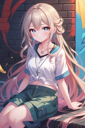 Japanese girl,grey blonde hair(very long hair, curly_hair),hiphop dancer,wearing all black clothes (short sleeves loose fit top and cargo pants),sneakers, sitting at red brick wall(graffiti ),accessories(necklace,ear_rings),Best Quality, 32k, photorealistic, ultra-detailed, finely detailed, high resolution, perfect dynamic composition, beautiful detailed eyes, sharp-focus, cowboy_shot, ,Colors ,masterpiece, Best Quality, 8k, ultra-detailed, finely detailed, high resolution, sharp pupils, depth of field, perfect proportion ,balanced body ,cinematic lighting, 