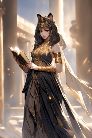 Ultra quality,Extreme realistic, high res definition, ultra photorealistic ultra detailed, RAW picture,
((Beautiful ancient Egyptian lady)), wearing  sleeveless tunic worn, beautiful female figure,Long straight hair, ,ancient egyptian clothes,1 girl,((holding a book)),((Calling zombies)) (face portrait), Style: hyper-realistic, 8k Ultra HD, inspired by Pixar, Cinema 4D,Egypt,young girl,egyptian, black cat ear,CAT WITCH,full body shot, (2_black cat standing with her)