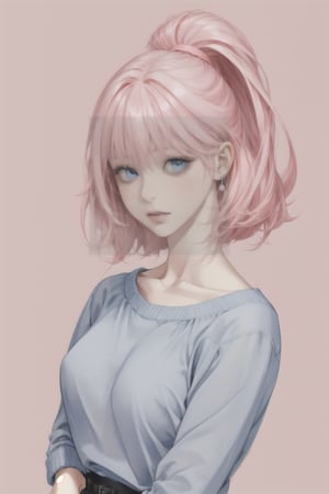  a woman with pink hair, 5'7", blue eyes.