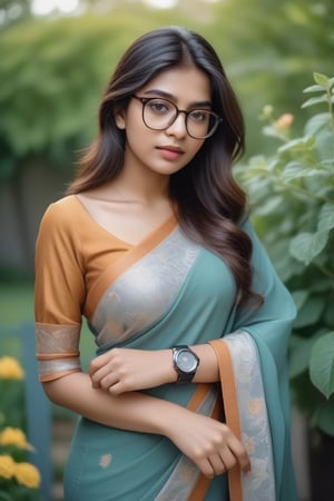 INDIAN 20 years old GIRL wearing saree, laxuary one handwatch, luxury glasses, beatiful hair, in garden with realistic photo.