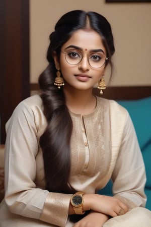 INDIAN 20 years old GIRL wearing Panjabi dress, laxuary one handwatch, luxury glasses, beatiful hair, watching TV with realistic photo.
