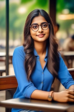 INDIAN biggest PARK background, and 20 years old GIRL wearing blue Casual SHIRT, laxuary one handwatch, luxury glasses, beatiful hair, sitting in cafe, with name "asmi" ,realistic photo.