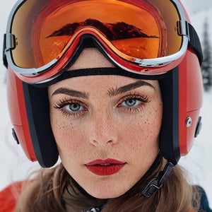 a close up of a person wearing a helmet and goggles, portrait sophie mudd, trending on pinteresst, jason statham skiing, like a scifi action movie, inspired by Jan Tengnagel, nurse girl, a cold, ready to fly, wearing kneesocks, 1 9 6 0 s space girl, full face shot, arcade, red face