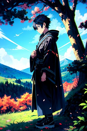 Highly detailed, high quakuty, handsome masterpeace (short medium length) 1 boy ,male, alone, Kazuto Kirigaya from Sword Art Online, (full black robe, black hair, black sword in hand, detailed background, on a hill with Japanese trees,full-body_portrait