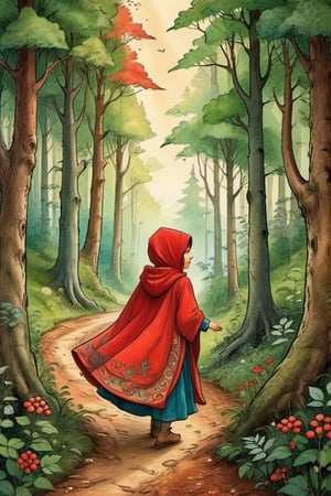 illustrating a little girl with a red hooded cloak, wandering through the forest. inspired of Arabic illuminated manuscripts, (masterpiece, top quality, best quality, official art, beautiful and aesthetic:1.2), on parchment