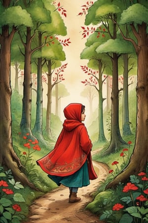 illustrating a little girl with a red hooded cloak, wandering through the forest. inspired of Arabic illuminated manuscripts, (masterpiece, top quality, best quality, official art, beautiful and aesthetic:1.2), on parchment