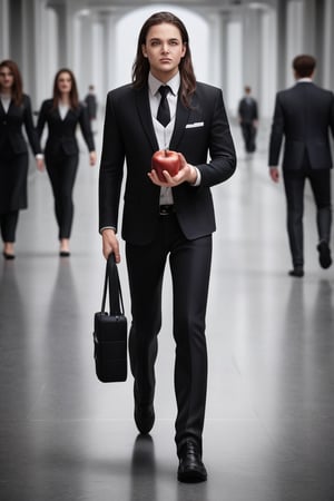 High resolution, full detailed, better image quality,16k, ultrara definition,ultra-realistic,

Believe me a youg boy age 25 old, with suit form colour white, with a long hair, and a apple laptop in hand, walking in the cyber City 