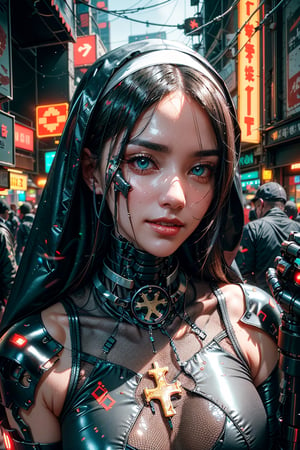 "Amidst the neon-lit streets of a futuristic metropolis, a cybernetically enhanced nun emerges, adorned in sleek latex nun attire and crowned with shimmering black spikes. With a wired smile and eyes that betray a hint of madness, she clutches a cross of white cyborg and red ceramic, a symbol of her conflicted faith in a world where tradition and technology collide.",g0thsh33rb0dysu1t,FuturEvoLab-Lora-Cyberpunk