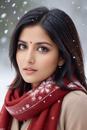 a young woman, cute, 36 years old,indian girl, staring into space, black hair, brown eyes, red scarf, snowing, realistic, realistic skin texture,Indian Model