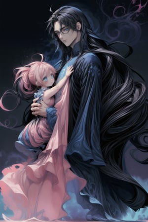 He is 1.80 metres tall, with long black hair and blue eyes surrounded by a pink mist.