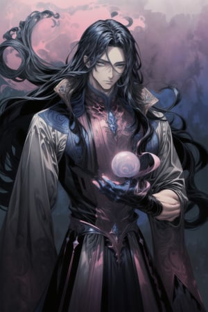 A man, 1.80 meters tall, with long black hair and blue eyes with a pink mist around him.