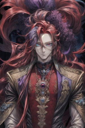 A man, 1.78 tall, with long red hair, one blue eye and one purple eye.