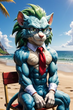 very detailed, high quality, beautiful, masterpiece, (medium short shot), alone, Tom from "Tom&Jerry", sitting, a cat, with black glasses, green hair like Broly from DBS, open eyes, blue fur, (it is a humanoid cat), muscular, with red tie, on the beach, detailed background, Germany Male, tom by TOM&JERRY.,round animal,Cats,Animal,Vegeta Baby,Movie Poster,more detail XL