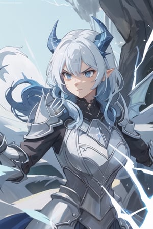 Prompt Wild mature female anthropomorphic blue dragon, covered in sapphire scales, scales, blue lightning themed, electric dragon, wearing extremely fancy armor, two curved horns, fierce, serious, short wild white hair, dragon wings