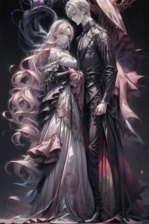 A 1.90 tall man with long white hair, black eyes and a mole, and a 1.80 tall woman with pink hair and purple eyes.