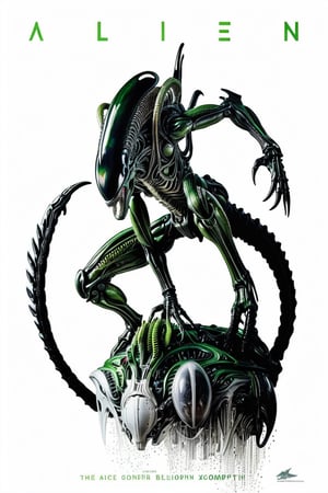 highly detailed, masterpiece, beautiful (general) xenomorph, alien, large, acid green, white background, 