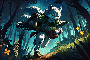 1cute wolf monster,(low angle shot:1.5),
The illustration depicts a starry fur litte wolf . Dons a cloak made of rich velvet embroidered with healing herbs, carries a pouch filled with medicinal plants and potions, with a green headband. she tackle a night ghastly forest landscape with a creeping running skill. The low-angle perspective adds a sense of drama and dynamism to the scene,newhorrorfantasy_style,action shot,scenery