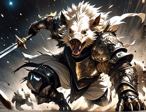 1 tusked boar monster,(upper angle shot:1.5),
The illustration depicts a tusked white boar dressed in glimmering starry armor, with a holy sword at its side, It wears a sturdy leather helmet with metal studs for added protection . the white boar tests the balance of his sword, practicing an ultimate skill move. The upper-angle perspective adds a sense of drama and dynamism to the scene,newhorrorfantasy_style,action shot,scenery
