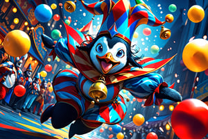 1penguin character,(upper angle shot:1.5),The illustration depicts A playful penguin dressed as a court jester. she wears a red and blue jester's hat with bells, and has a vibrant, patterned outfit. it plays jugling balls, adding to its comical and playful demeanor . it performs an attraction in the middle of the night carnival. The upper-angle perspective adds a sense of drama and dynamism to the scene,newhorrorfantasy_style,action shot,scenery