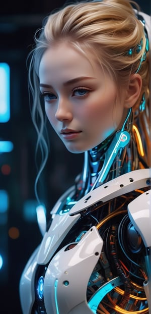 Medium full shot ,4k,best quality,masterpiece,1 American girl, 1 girl,(blond hair,multicolored hair, long_hair,messy_hair ,)olorful fractal , A futuristic side portrait of a humanoid robot. The robot's body is made of translucent materials,and its internal structure is clearly visible,including circuit boards and light-emitting elements. The robot has soft facial features with feminine features,including long hair and breasts. The robot's head and neck are structurally complex,with many connecting points and lines,suggesting its precise construction and possible versatility. High-tech and futuristic living concepts,cold and mechanical beauty,bioluminescence,fiber optics,masterpieces,octane rendering,unreal engine,, amazing, beautiful, breathtaking, astonishing, brilliant,,smile,(oil shiny skin:1.0), (big_boobs:1.9), willowy, chiseled, (hunky:2.6),(( body rotation 120 degree)), (perfect anatomy, prefecthand, dress, long fingers, 4 fingers, 1 thumb), 9 head body lenth, dynamic sexy pose, breast apart, (artistic pose of awoman),NIJI STYLE,DonM3lv3sXL,Long_Exposure,better,Tech,Cyberpunk geisha
