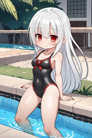 white_hair, red_eyes, long_hair, tiny_girl, whole_body, spreading_legs, skinny, chibi, 5_fignered, lolicon, crossed_arms, human_feet, swimming_pool, black_school_swimsuit, laughing, perfect_legs,  perfect_fingers, perfect_feets 