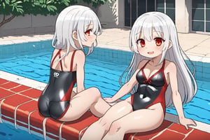 white_hair, red_eyes, long_hair, tiny_girl, whole_body, spreading_legs, skinny, chibi, 5_fignered, lolicon, crossed_arms, human_feet, swimming_pool, black_school_swimsuit, laughing, perfect_legs,  perfect_fingers, perfect_feets