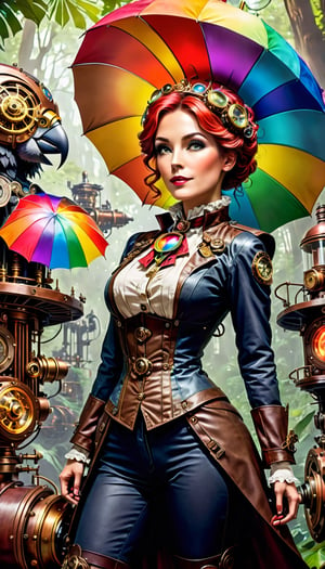 Set in a bustling steampunk elven forest with gears and machinery in the background, the model woman embodies a steampunk (((Mary Poppins))) wearing a  jacket, a ((high-necked blouse)), and accessorized with inventive gadgetry and she is holding a ((rainbow umbrella)). The model woman has dark red. There is ((robitic parrot)) flying to the right of the model woman. She stands on an ornate, mechanical platform surrounded by swirling colors emitted from glowing contraptions. Vintage sepia tones combined with pops of vibrant steampunk-inspired colors to highlight the mechanical setting.,DonM3lv3nM4g1cXL,HZ Steampunk