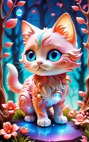 (best quality,8K,highres,masterpiece), ultra-detailed, (tiny robot kitten with oversized glowing eyes), a adorable tiny robot kitten with sleek metallic fur and oversized glowing eyes that radiate with vibrant light. Its body is adorned with soft, vibrant pastel colors, adding to its whimsical charm. The kitten is curled up in a playful pose, exuding a sense of innocence and curiosity. In the background, a minimalist circuit-board tree stands tall, with illuminated branches and leaves casting a soft glow. The juxtaposition of the robotic kitten against the organic elements of the tree creates a whimsical and playful atmosphere. Every detail of the scene is meticulously rendered, capturing the intricate beauty of the robotic kitten and the fantastical nature of its surroundings. Feel free to add your own creative touches to enhance the whimsy and detail of this captivating artwork.