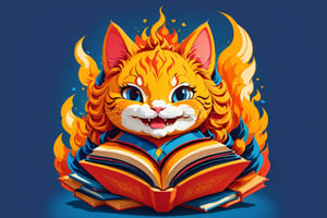 A cat's face with tidy teeth, blue gown and blue Robe, smiling and happy, with a book in their hands. The book is open, and the pages are filled with colorful illustrations. The background is a bright and cheerful color, such as yellow or white. On Fire, The word "Cat" is written in a playful font, and it is prominently displayed in the logo university.
