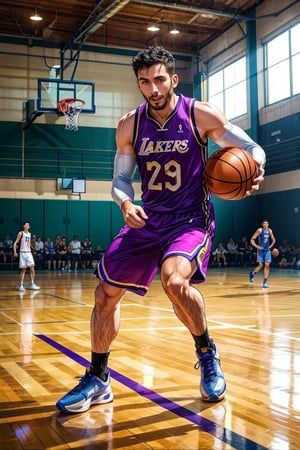 Ten 30-year-old middle-aged men, playing basketball on the court, real people, with 5 basketballs, wearing Lakers jerseys, looking at viewer, black hair, long sleeves, indoors, black eyes, realistic, nose, Masterpiece, best quality, super detailed, 8k, (full body image), lifelike, emotionality, ,xmurry