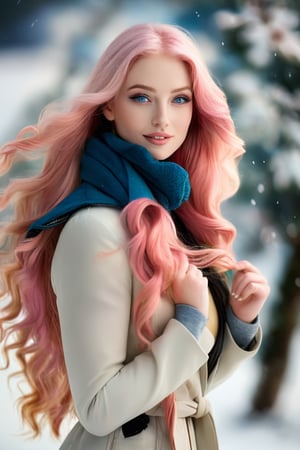 Generate hyper realistic image of a woman with long, pink hair and captivating blue eyes, standing solo amidst a snowy landscape. Her upper body is elegantly portrayed, accentuating her graceful figure and charming smile. Despite the cold, she radiates warmth and confidence, her lips softly curved in a subtle invitation to the viewer.