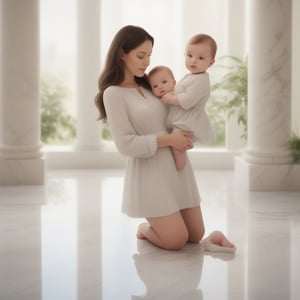 Create an ultra-high-definition, hyper-realistic photograph capturing the tender moment of a mother casually standing with her baby on a polished marble floor, their reflection adding depth to the scene. The background should immerse them in a serene natural setting, with lush greenery fading into a deep blur. Ensure every detail, from the soft lighting to the intricate textures, is rendered with photorealistic precision, evoking a sense of warmth and tranquility in this intimate family portrait.