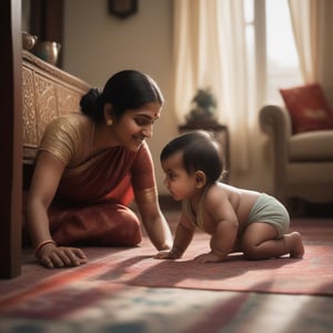 Craft a hyper-realistic side view photograph capturing the heartwarming moment of an Indian mother watching her adorable baby crawl on the floor of their home. The background showcases an Indian living room, complete with traditional decor and furnishings. Ensure meticulous attention to detail, from the intricate patterns on the furniture to the subtle play of light and shadow. Let the scene exude warmth and familial love, inviting viewers into a tender and authentic slice of everyday life.