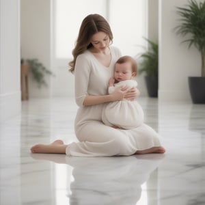Create an ultra-high-definition, hyper-realistic photograph capturing the tender moment of a mother casually standing with her baby on a polished marble floor, their reflection adding depth to the scene. The background should immerse them in a serene natural setting, with lush greenery fading into a deep blur. Ensure every detail, from the soft lighting to the intricate textures, is rendered with photorealistic precision, evoking a sense of warmth and tranquility in this intimate family portrait.