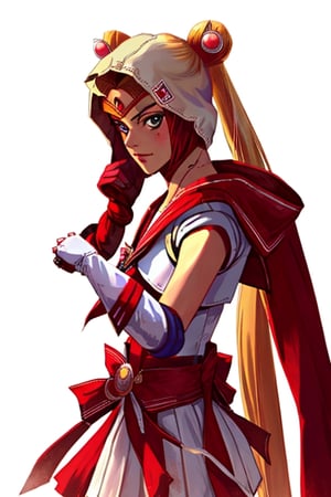 Sailor Moon wearing Ezio Auditore's Assassin's Creed full outfit and a hidden blade on her wrist. The hood covers her face, her hairbuns and ponytails sticking out the hood, blond long hair, twin ponytails, Ezio Auditore pose,usagitsukino,ezio_soul3142,AS