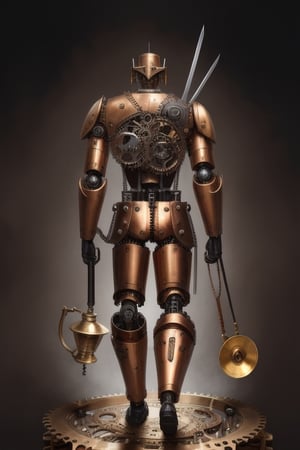Steampunk robot, very humanlike, made of copper and brass, with lots of cogs looking like a young swordman, with a curved gramophone horn raising over his shoulder, slim and agile, nimble looking body, and a big winding key at his back, full body image