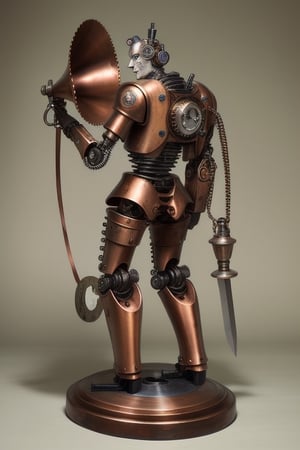 Steampunk robot made of copper, with lots of cogs looking like a young swordman, with a gramophone horn at his back